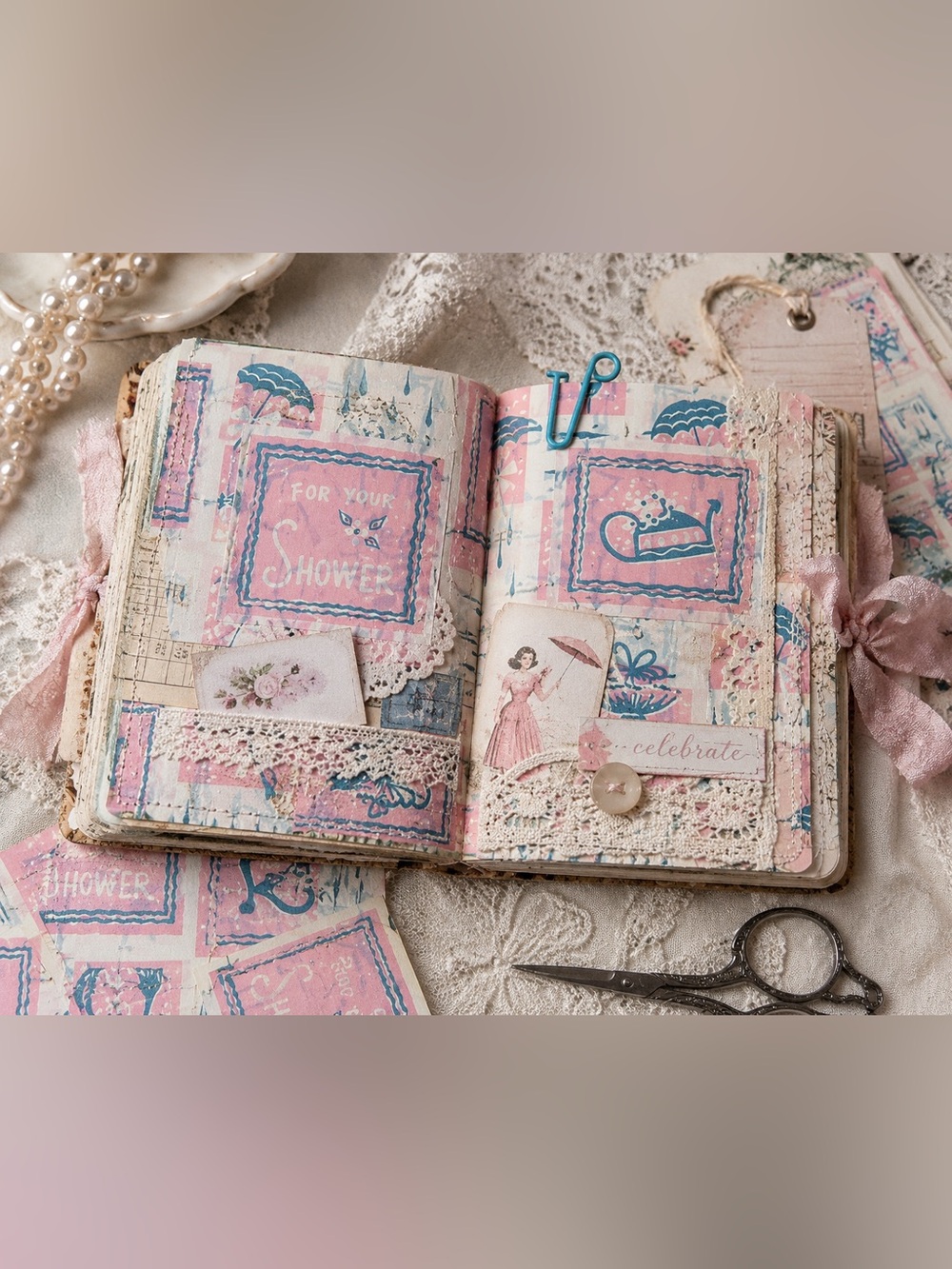 Vintage Bridal Shower Gift Wrap Lot 3 Dennison NOS MCM Pastel Pink Blue Ephemera